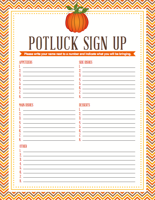 Thanksgiving Potluck List Printable